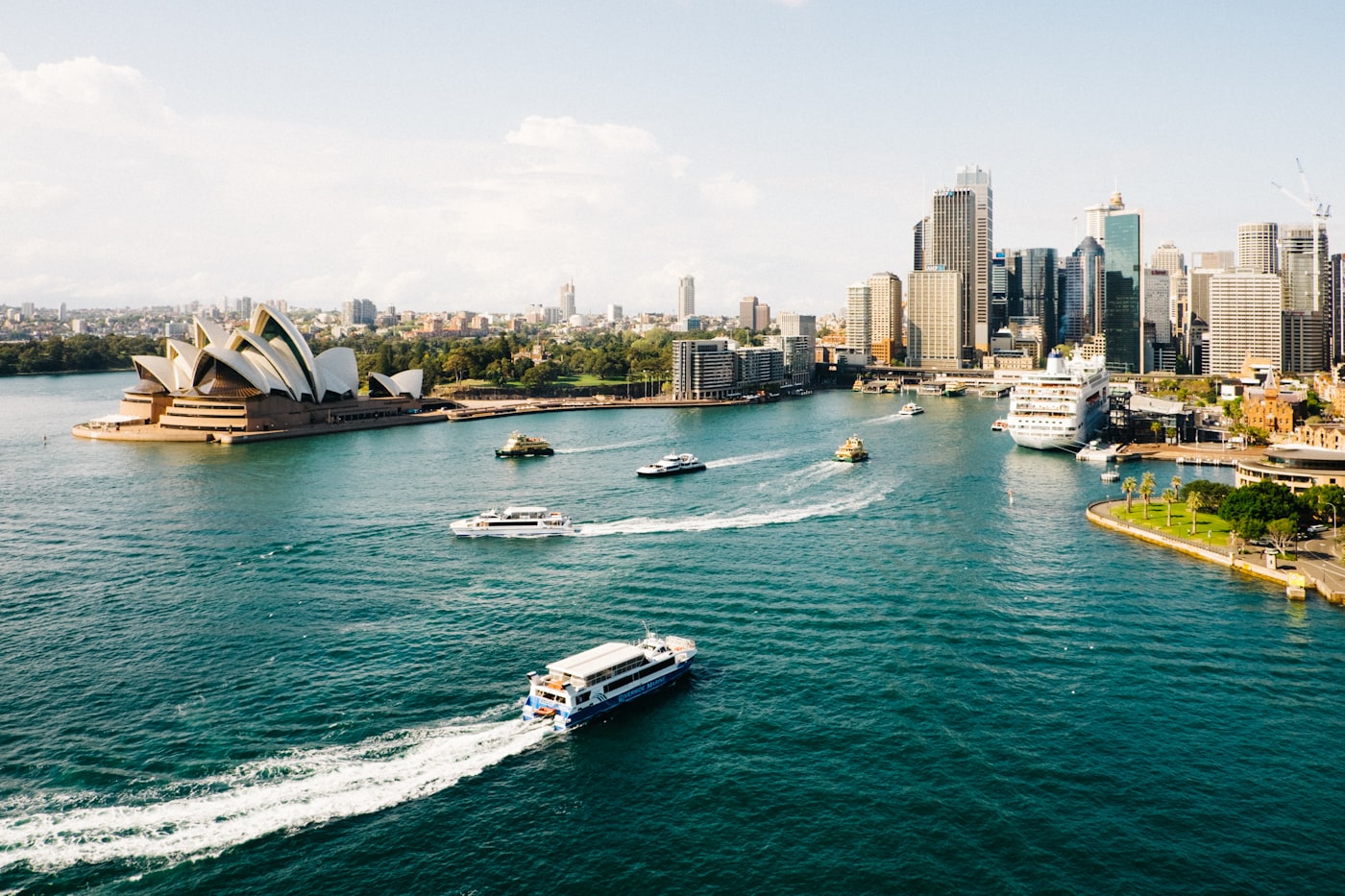 Sydney Opera House and harbour at sunset